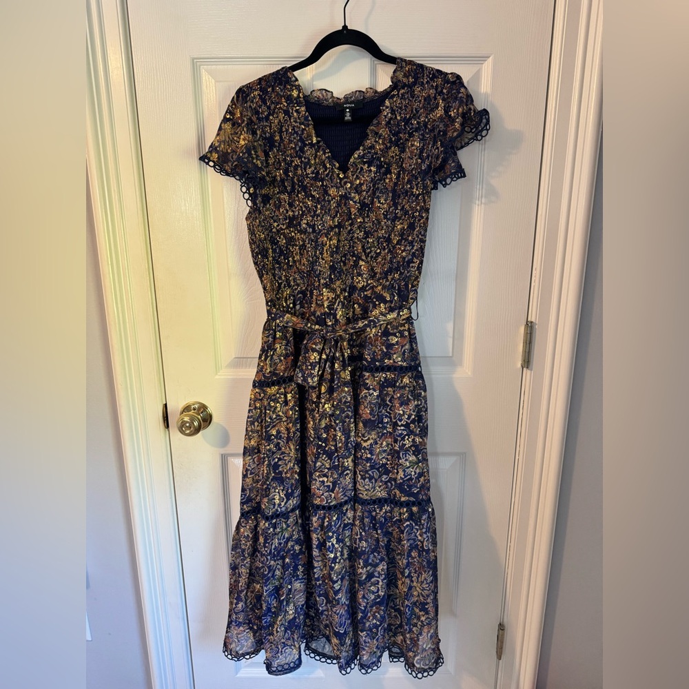 Aqua Navy Midi Dress with Gold Metallic Design
